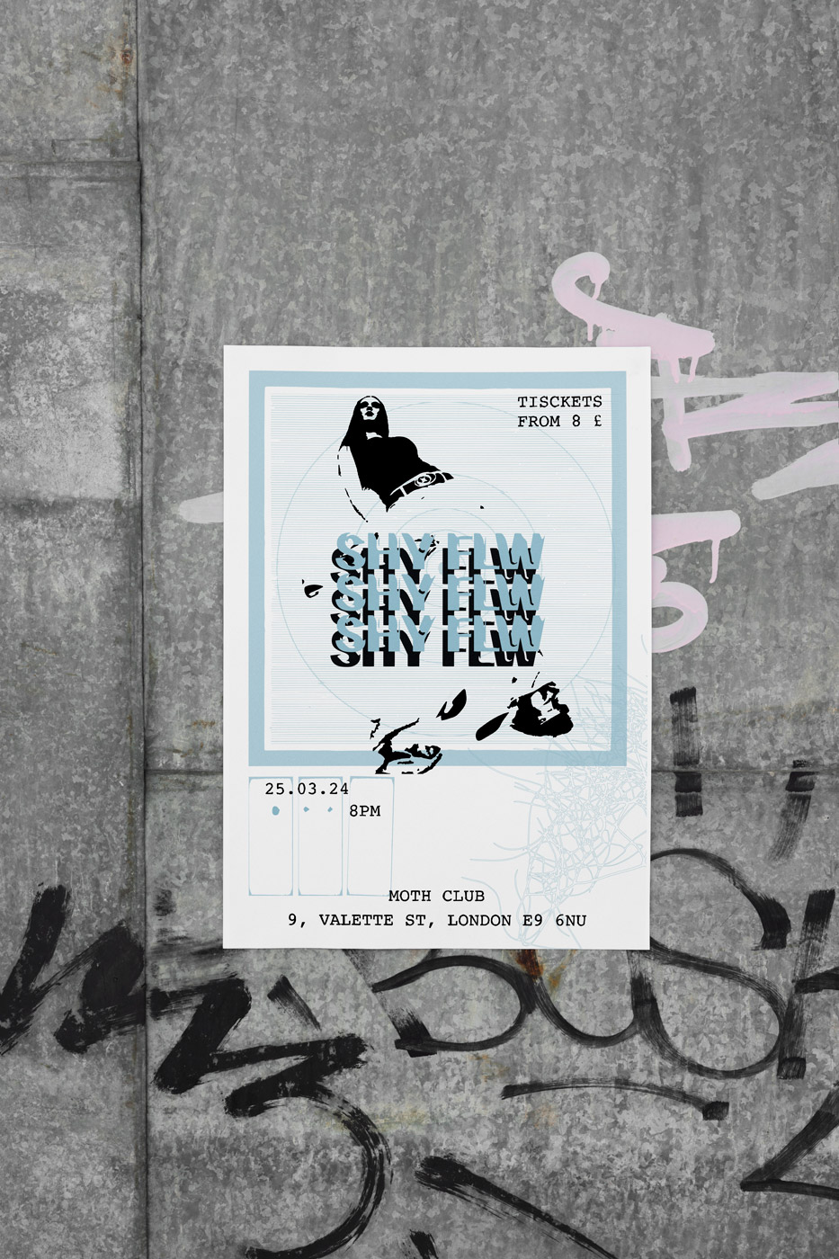 SHY FLW poster on a wall mockup. 