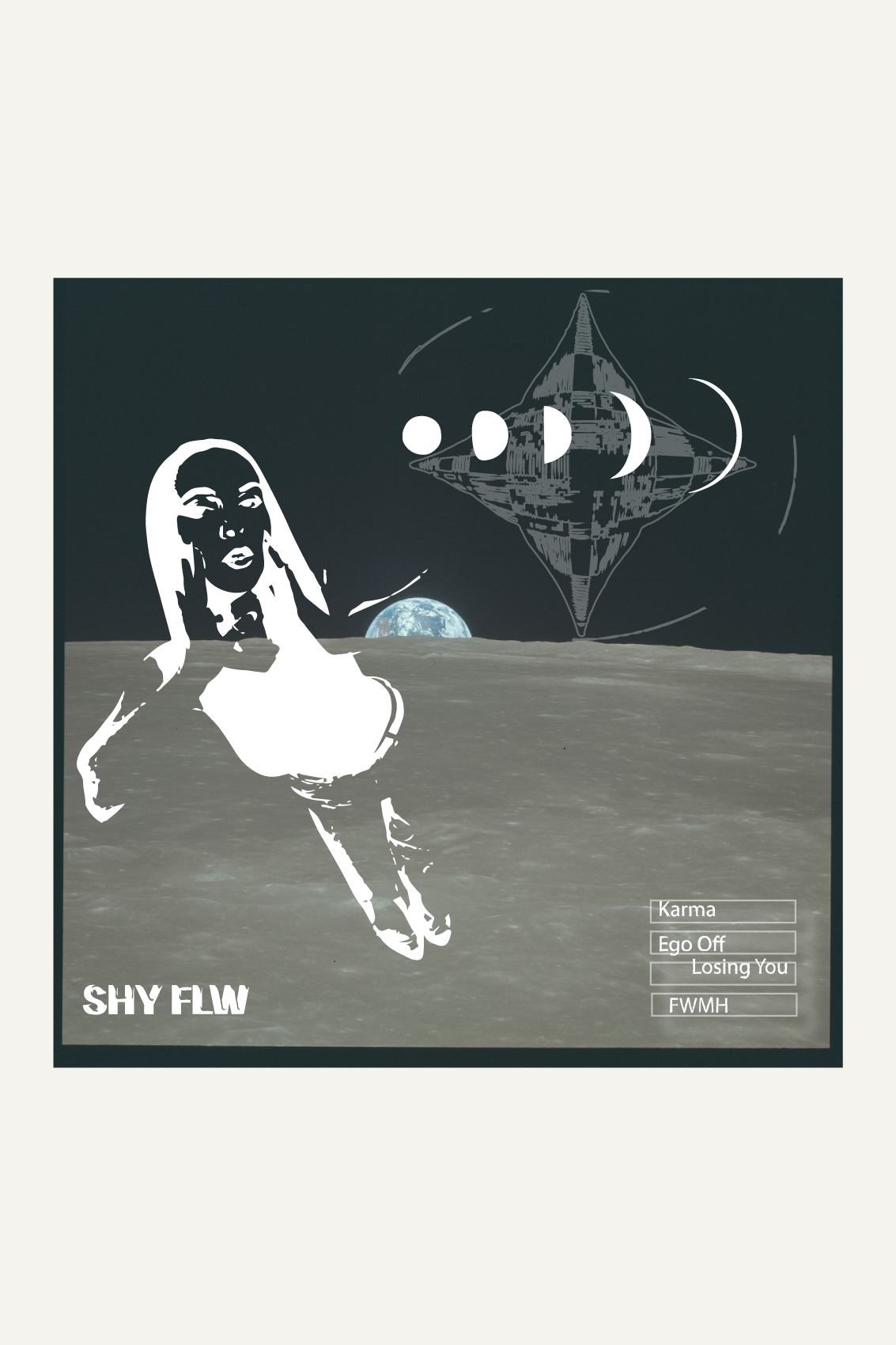 Poster with a girl singing and moons in the background. 