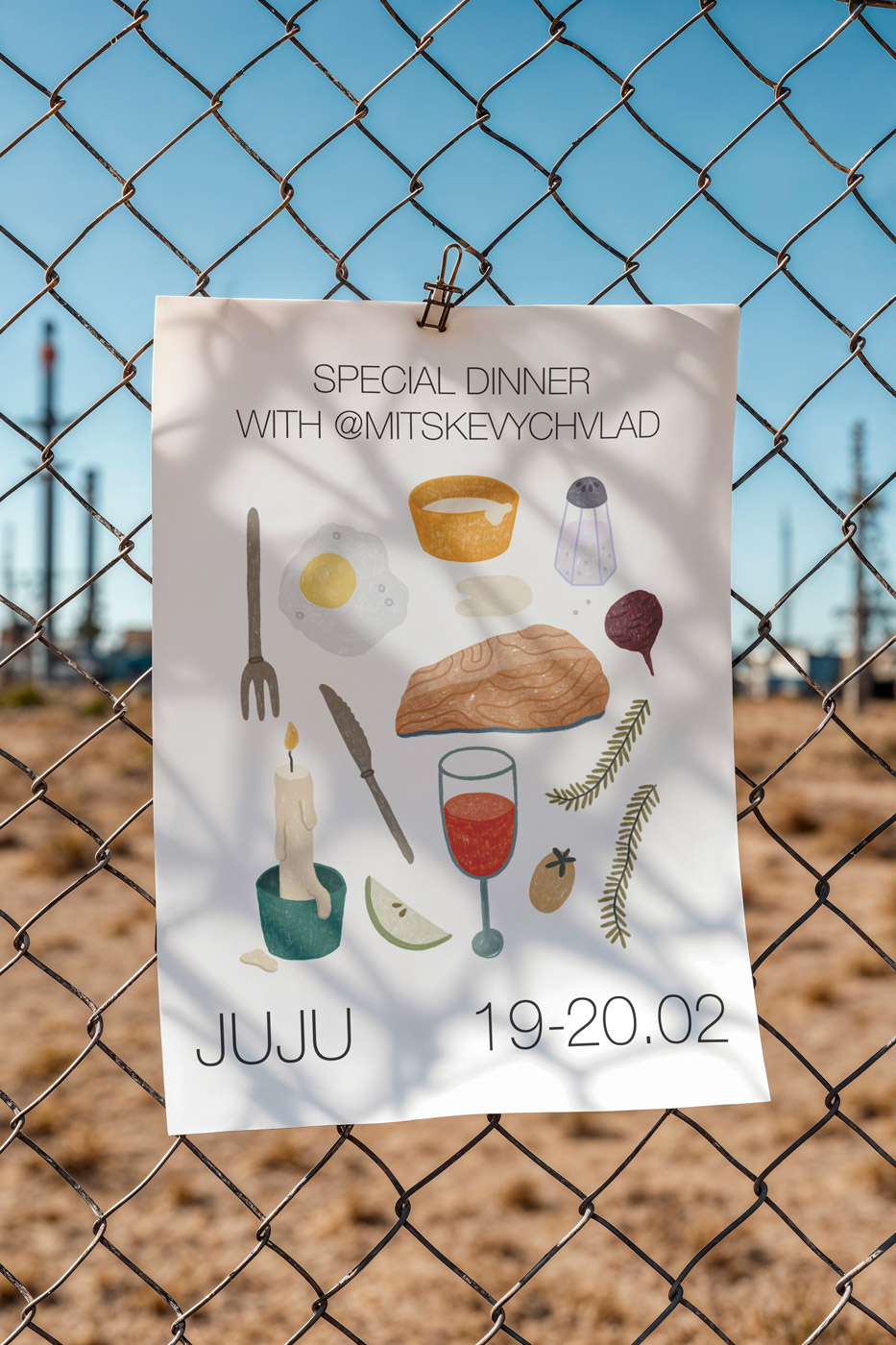A special dinner poster with colourful hand-drawn illustrations of different foods. 