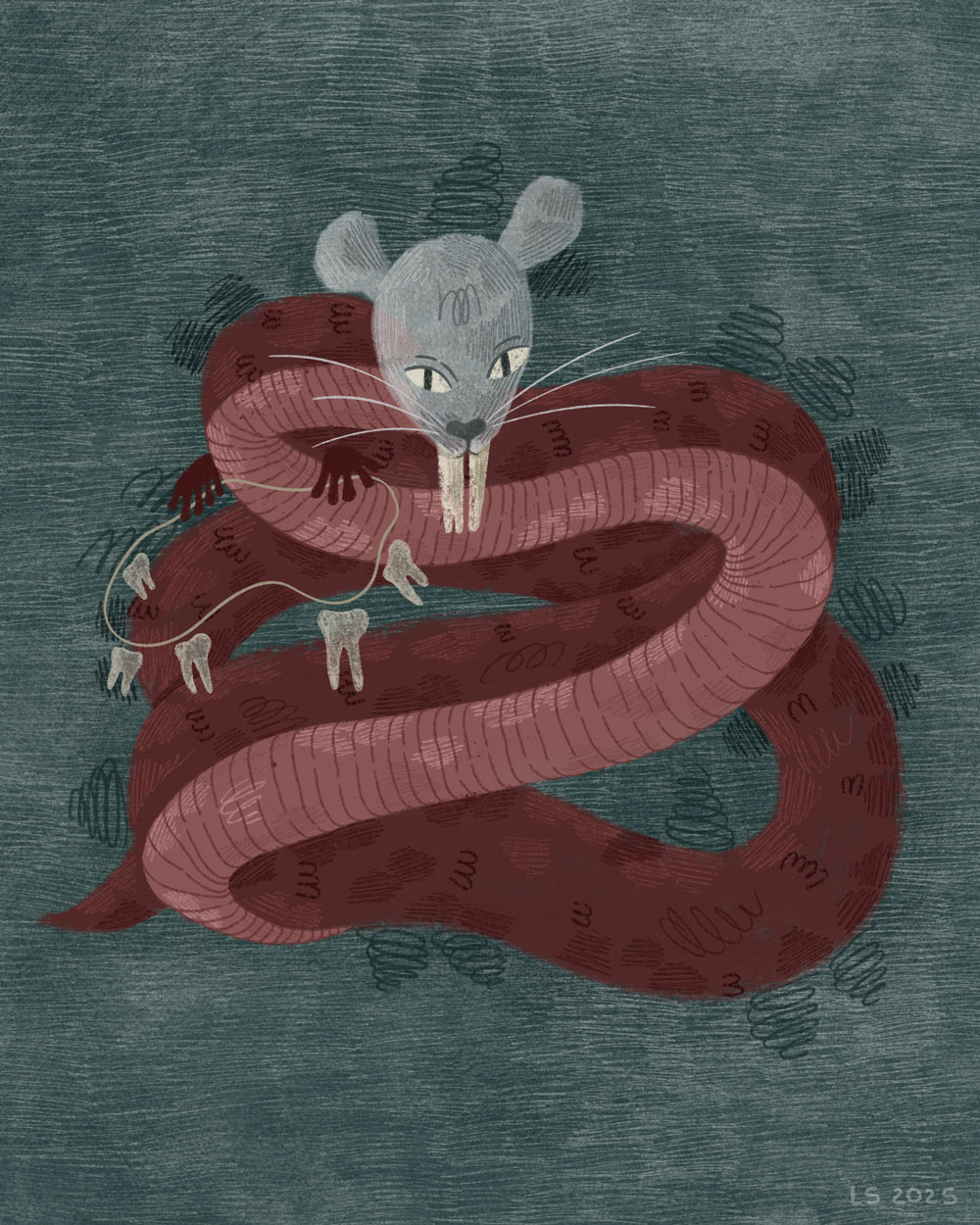 A mouse with large front teeth and a red snake-like body, holding a bunch of teeth. 