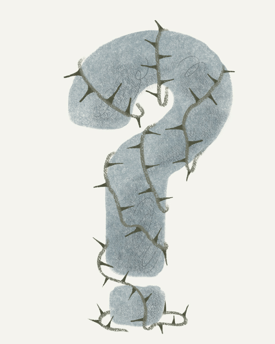 A question mark overgrown with spiky ivy. 