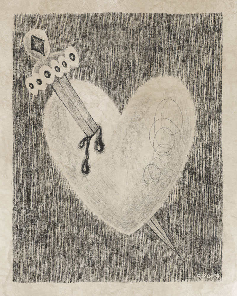 A jeweled knife piercing through a heart. 