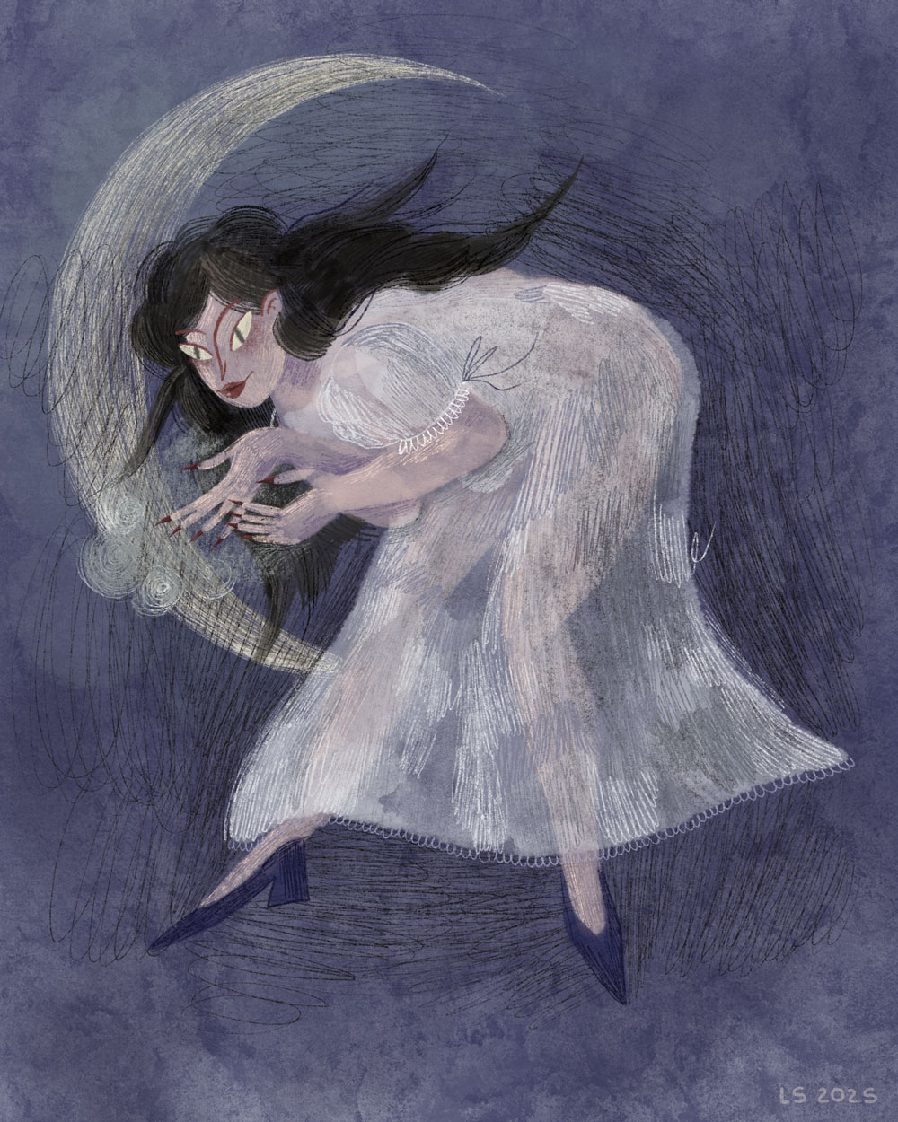 A woman with long, dark, messy hair in a crooked pose, with the moon in the background. 