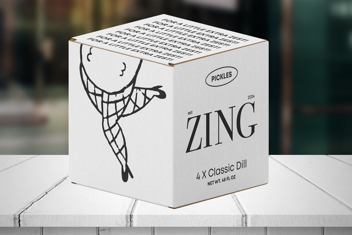 A branded box featuring the logo and a playful illustration of pickle legs in tights. 