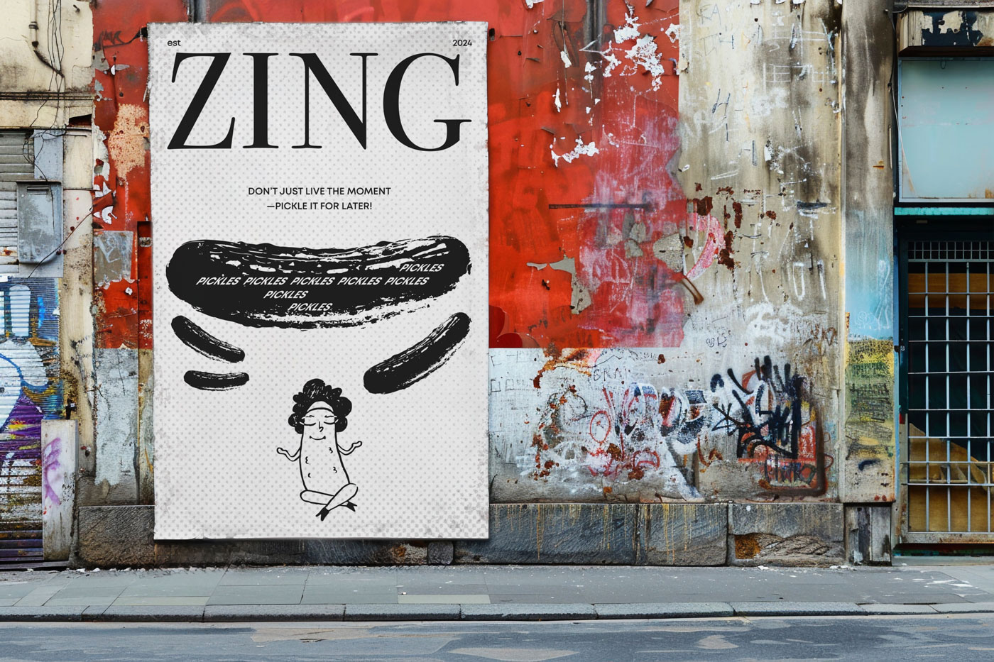 A poster with a humanised pickle and levitating small pickles. 