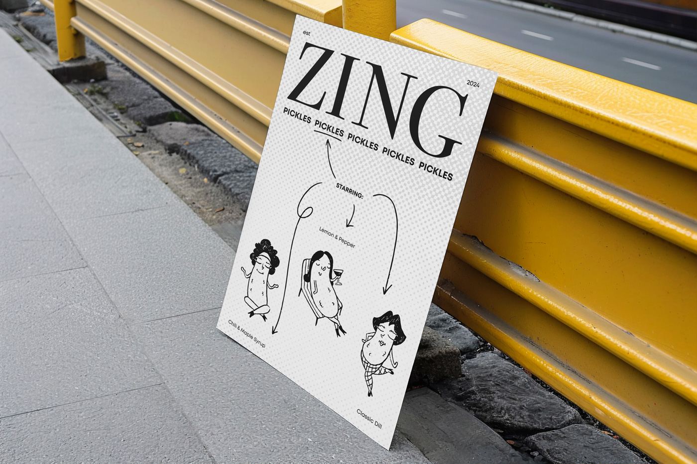 A poster with three different playful pickles. 