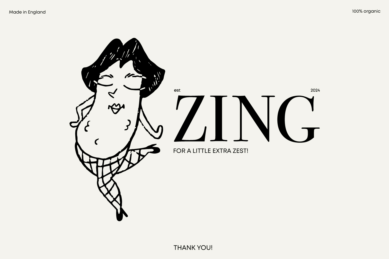 Reads: Thank you, featuring a playful pickle in tights with a bob. 