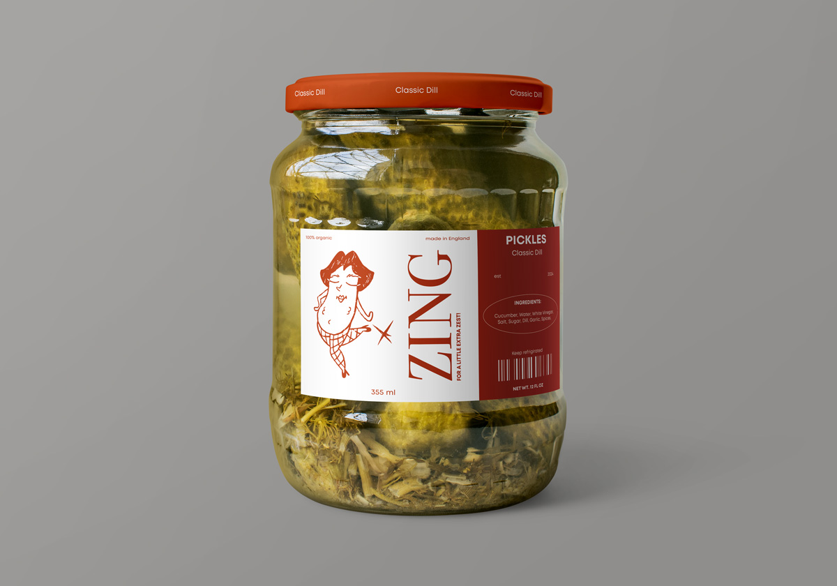Branded zing pickle jar witha red details and playful illustration of a humanizated pickle. 