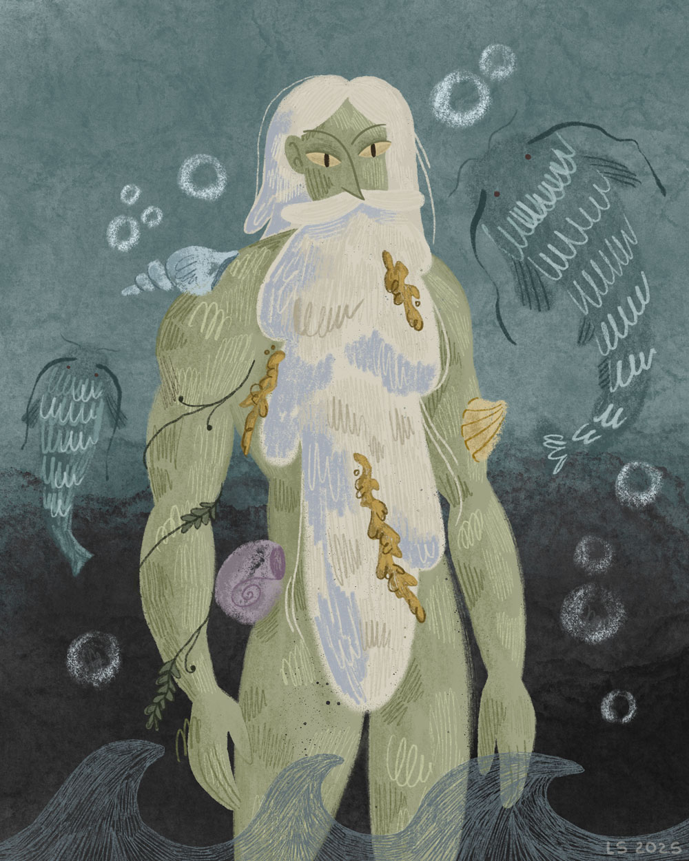 A white-haired man with a long beard and green skin, underwater. 