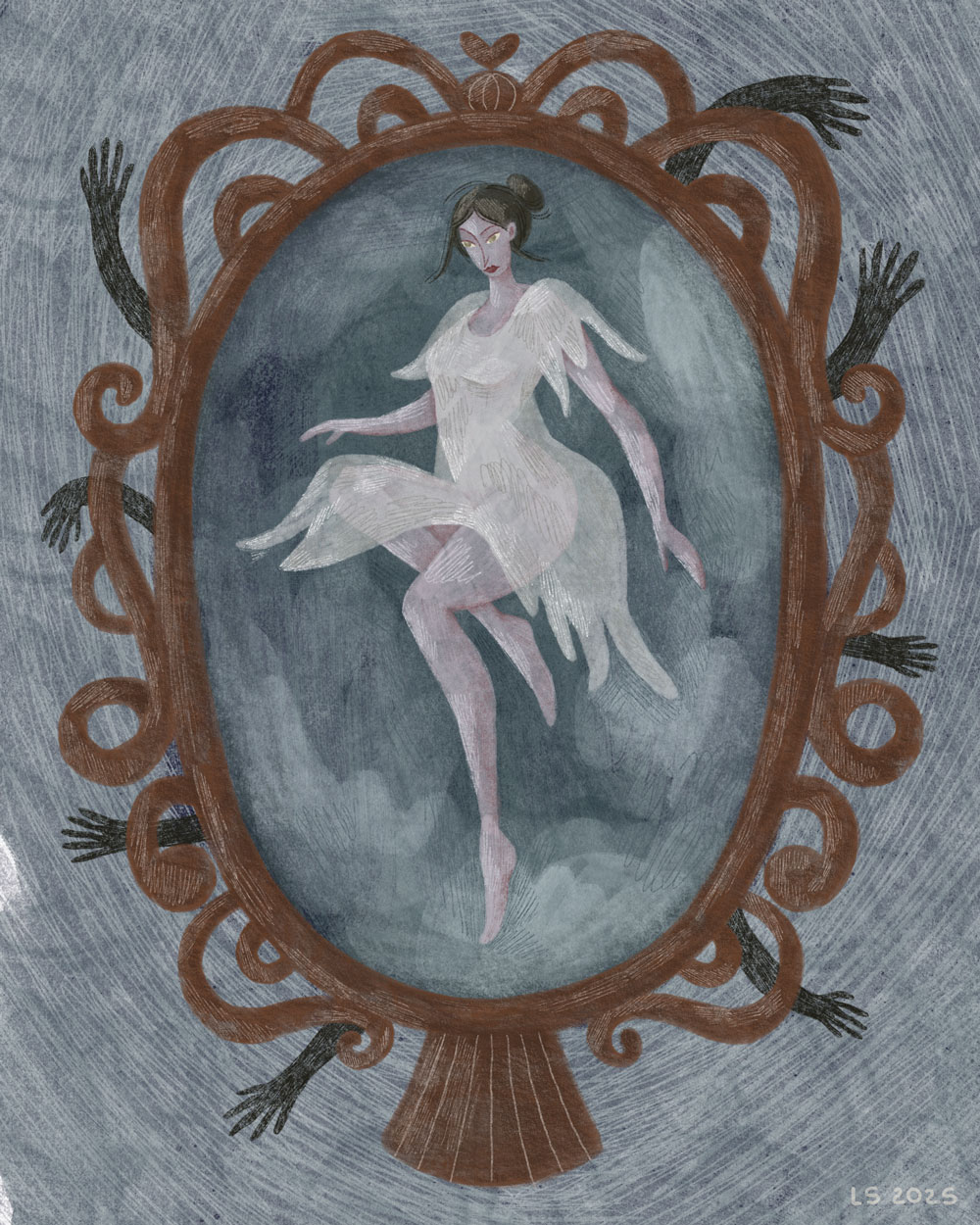 A floating woman inside the vintage, spooky mirror. 